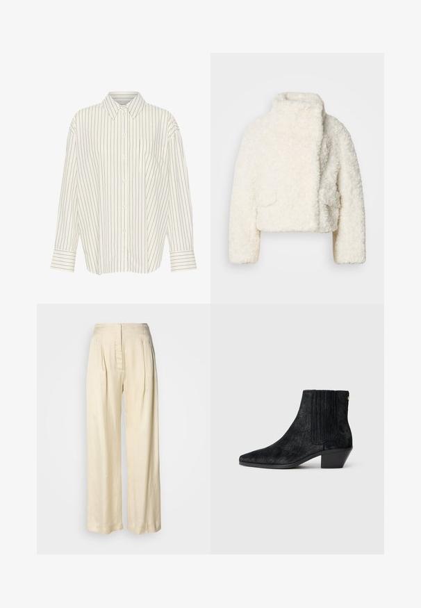 Witte nep-bont cropped jack met een hoge kraag, textuurovervlak en twee voorkantzakken. Heeft een ontspannen pasvorm en zacht materiaal.; Witte overhemd met smalle zwarte verticale strepen, kraag, lange mouwen, borstzak en recht gesneden met cuffed details.; Crèmekleurige zijden broek met hoge taille, plooien, brede pijpen en een verborgen rits aan de voorkant, afgebeeld tegen een effen witte achtergrond.; Zwarte enkelboot met een spitse neus, textuur die lijkt op haar, ribbelpaneel aan de zijkant en een lage blokhak. Eenvoudig en modern ontwerp.