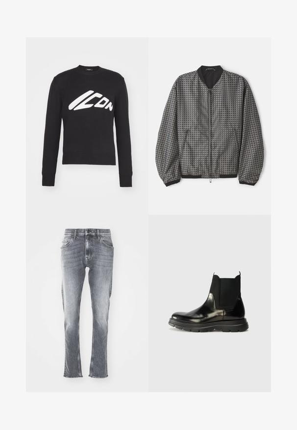 Veste bomber texturée en gris avec un motif géométrique. Dotée d'une fermeture éclair sur le devant, d'un col noir et de poignets et d'un ourlet élastiqués.; Pull en maille noir avec un col rond, des poignets et un ourlet côtelés. Affiche un logo "ICON" blanc bien visible dans une police stylisée sur le devant.; Jean en denim gris à coupe slim, avec un ourlet effiloché et cinq poches. Doté d'une fermeture classique à bouton et à zip. Texture douce avec délavage.; Bottes Chelsea en cuir noir avec panneaux élastiques sur les côtés, bout arrondi et semelle en caoutchouc texturée dotée de rainures pour une meilleure adhérence.