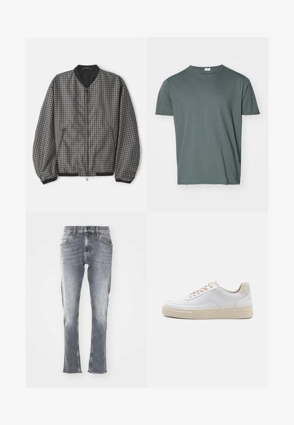 Getexturede bomberjack in grijs met een geometrisch patroon. Heeft een ritssluiting aan de voorkant, een zwarte kraag en elastische boorden en zoom.; Donkergroen T-shirt met ronde hals, korte mouwen, zacht materiaal, relaxed fit, gladde textuur, geen zichtbare patronen of accenten.; Grijze denim jeans met een slim fit, rafelige zoom en vijf zakken. Voorzien van een klassieke knoop- en ritssluiting. Zachte textuur met een vervaagde wassing.; Witte sneaker met een gevoerd leren bovenwerk, beige veters en een gestructureerde beige suede hieltab. Verhoogde zool voor extra hoogte.