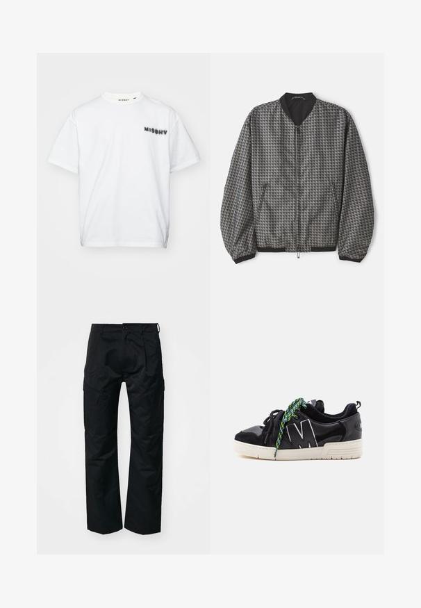 Veste bomber texturée en gris avec un motif géométrique. Dotée d'une fermeture éclair sur le devant, d'un col noir et de poignets et d'un ourlet élastiqués.; MISBHV COMMUNITY - T-shirt imprimé - white; Pantalons cargo noirs avec une texture lisse, dotés de poches latérales, d'une fermeture à bouton et d'une coupe décontractée.; Basket basse noire avec semelle blanche, grand "M" blanc contour sur le côté, et lacets dépareillés noirs et verts à motif.