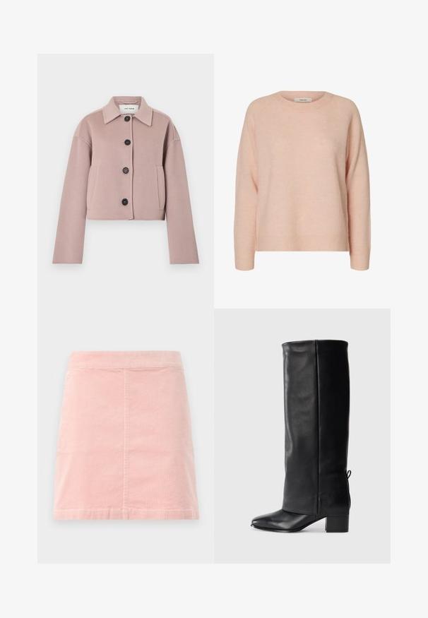 Helllila gekürzte Wolljacke mit langen Ärmeln, schwarzen Knöpfen vorne, Seitentaschen und spitzem Kragen.; Weicher hellrosa langärmeliger Wollpullover mit Rundhalsausschnitt und gerippten Bündchen und Saum.; Rosa Cord-Ripp-Minirock mit taillierter Passform und vertikaler Rippstruktur. Der Saum ist gerade und er hat ein schlichtes Design ohne Verzierungen.; Schwarze Leder-Stiefel bis zum Knie mit glatter Oberfläche, quadratischer Zehenpartie, Blockabsatz und seitlichen Bindebändern für eine verstellbare Passform.