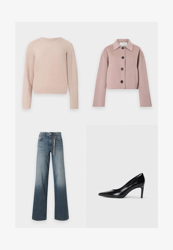 Licht mauve cropped wollen jack met lange mouwen, zwarte knopen aan de voorkant, zijzakken en een puntkraag.; Lichtroze trui gemaakt van zacht materiaal, met een ronde halslijn, lange mouwen en geribbelde manchetten en zoom. Eenvoudig, ongecompliceerd ontwerp.; Rechte blauwe spijkerbroek met een vervaagde wassing en een goudkleurige ketting met parels die aan de voorste riemlus hangt.; Zwarte leren hoge hak met een spitse neus, een gladde textuur en een tapse hak. Minimalistisch ontwerp, geen extra versieringen.