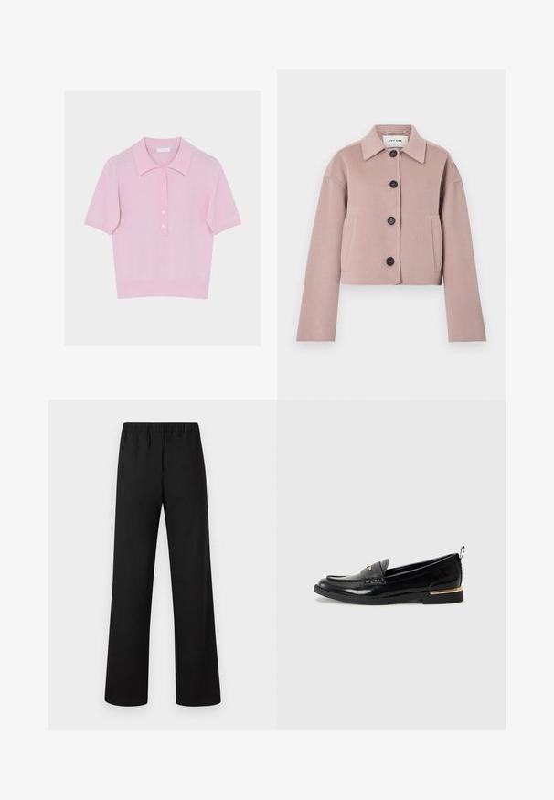 Veste courte en laine mauve clair avec manches longues, boutons noirs sur le devant, poches latérales et col pointu.; Polo en maille rose clair à manches courtes, col côtelé, patte de boutonnage avec cinq boutons, et ourlet côtelé.; Pantalon droit à taille élastique noire, confectionné en tissu lisse, devant plat, sans poches apparentes ni décorations.; Mocassins en cuir verni noir avec un bout arrondi, une sangle décorative et un accent doré sur le talon. Texture lisse avec des détails cousus.