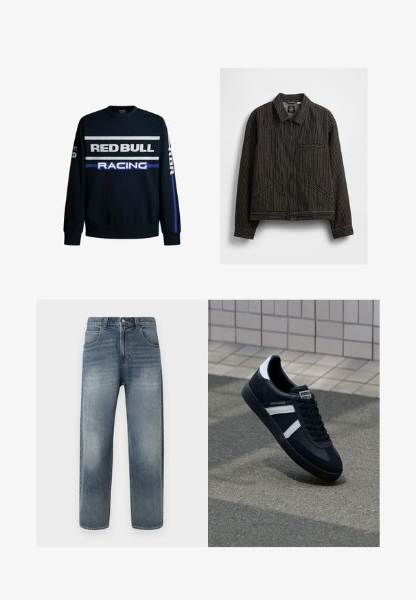 Sort lynlåsjakke med hvide lodrette striber, med krave, to sidelommer og en brystlomme.; Marineblå sweatshirt med "RED BULL" og "RACING" tekst i hvid og lilla. Har ensfarvede ærmer og ribbede manchetter, lavet af blødt strikmateriale.; Lyseblå denimjeans med lige pasform, der har fem lommer, lynlås og diskret falmning på benene. Afsluttet med syningsdetaljer.; Sort lædersneaker med hvide striber, tekstureret gummisål og snørrebånd foran. Har et brandet mærke på tungen.