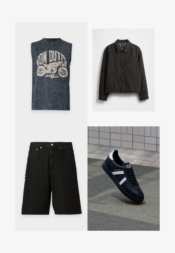 Veste zippée noire avec des rayures verticales blanches, dotée d'un col, de deux poches latérales et d'une poche poitrine passepoilée.; Chemise sans manches gris foncé style vintage avec le texte "Von Dutch" et un graphique d'une moto avec « Since 1929 Amazing Kustom » en dessous.; Shorts en denim noir avec un design classique à cinq poches, quincaillerie argentée et une subtile accent orange sur la poche latérale.; Sneaker en cuir noir avec des rayures blanches, semelle en caoutchouc texturée et devant à lacets. Présente une étiquette de marque sur la languette.