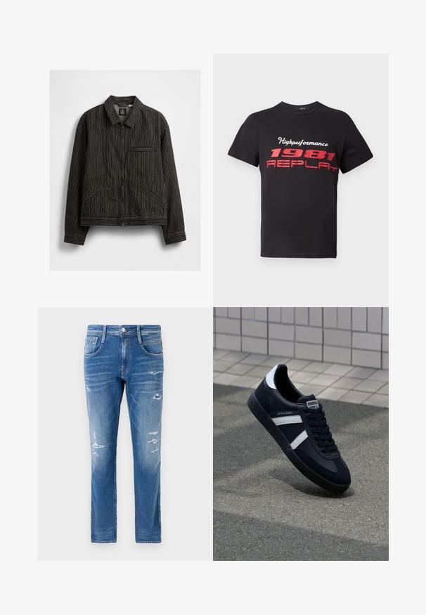 Sort lynlåsjakke med hvide lodrette striber, med krave, to sidelommer og en brystlomme.; Sort bomulds T-shirt med et rødt grafisk print med teksten "Highperformance 1981 REPLAY." Kortærmet og med rund halsudskæring.; Denim jeans i en lys blå vask med almindelig pasform. Har slidte detaljer og subtilt slid ved lommerne og knæene.; Sort lædersneaker med hvide striber, tekstureret gummisål og snørrebånd foran. Har et brandet mærke på tungen.