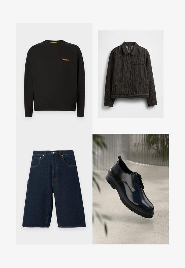 Sort lynlåsjakke med hvide lodrette striber, med krave, to sidelommer og en brystlomme.; Sort langærmet t-shirt lavet af bomuld, der har et lille orange "Replay Inc." logo på brystet, med rund halsudskæring og almindelig pasform.; Mørke denimshorts med løs pasform, fem-lommer design og kontrastende orange syninger. Har en klassisk knap- og lynlåslukning.; Sorte lædersko med en blank overflade, rund tå, snøredesign, kontrastsyninger og en tyk gummisål med mønster.