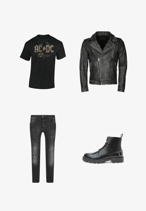 Schwarze Leder-Motorradjacke mit einem doppelt geknöpften Design, Reißverschluss vorne und schräger Fronttasche. Verfügt über eine gestickte Akzentuierung.; Schwarzes Baumwoll-T-Shirt mit einem Grafikdruck von "AC/DC" und "Rock or Bust" in abgenutzter, stilisierter Schrift mit Spritzern.; Schwarze, enge Jeans aus Denim mit zerrissenen Details, einem verblassten Finish, fünf Taschen und einem klassischen Knopfverschluss.; Schwarzer Lederkampfstiefel mit Schnürsenkeln, Metallösen, robustem Sohlen, einer Schlaufe am Absatz und einem dekorativen Schnallenriemen an der Seite.