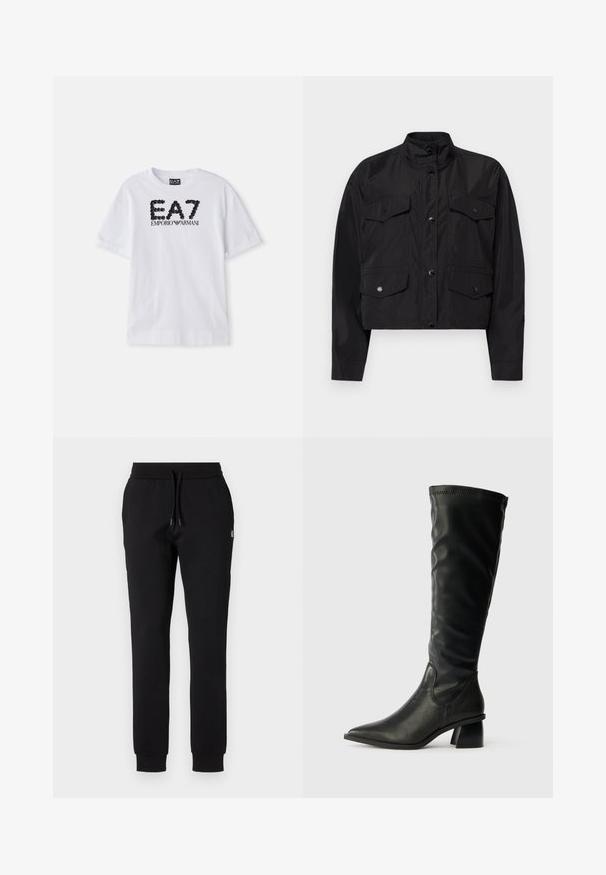 Sort cropped jakke lavet af letvægtsstof. Har høj krave, frontlukning med knapper og to brystlommer med klapper.; Hvid bomulds T-shirt med et sort strass-logo "EA7 EMPORIO ARMANI" på forsiden, korte ærmer og en rund halsudskæring.; Sorte sweatpants lavet af blød stof, med en elastisk talje med snor og tapered ben med ribbede manchetter. Lille logodetalje.; Sorte læderknæhøje støvler med spids tå, struktureret overdel og en kraftig blokhæl. Har elastiske sider for nem påtagning.