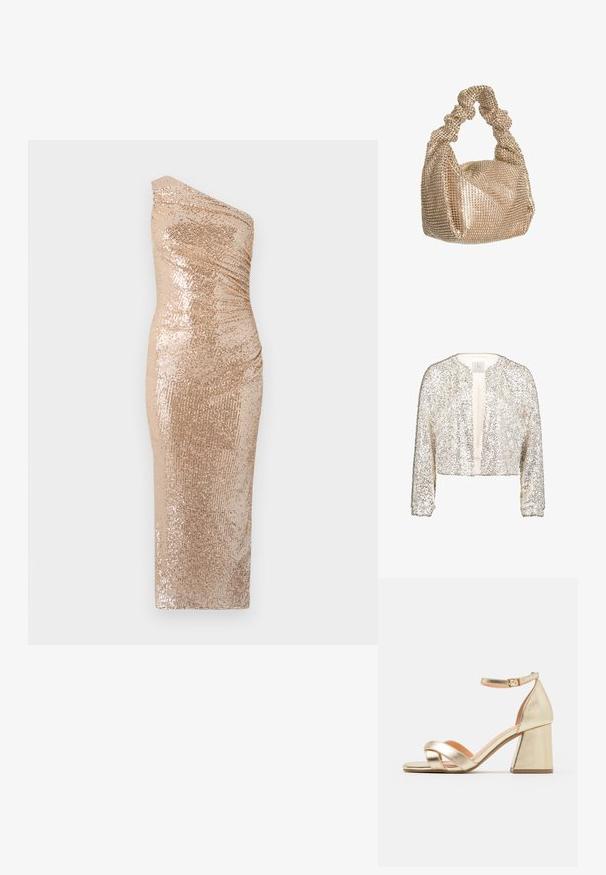 Veste courte en sequins argentés scintillants avec des manches longues et un col rond. Design à l'avant ouvert, doublure intérieure lisse.; Robe bodycon avec un design à une épaule, fabriquée en tissu pailleté doré. Présente une silhouette ajustée et une texture lisse.; Sandales avec talons en or métallisé, à talon block, à bout ouvert et design de lanières entrecroisées. La lanière de cheville dispose d'une fermeture à boucle.; Hey Kyla Sac à main - gold