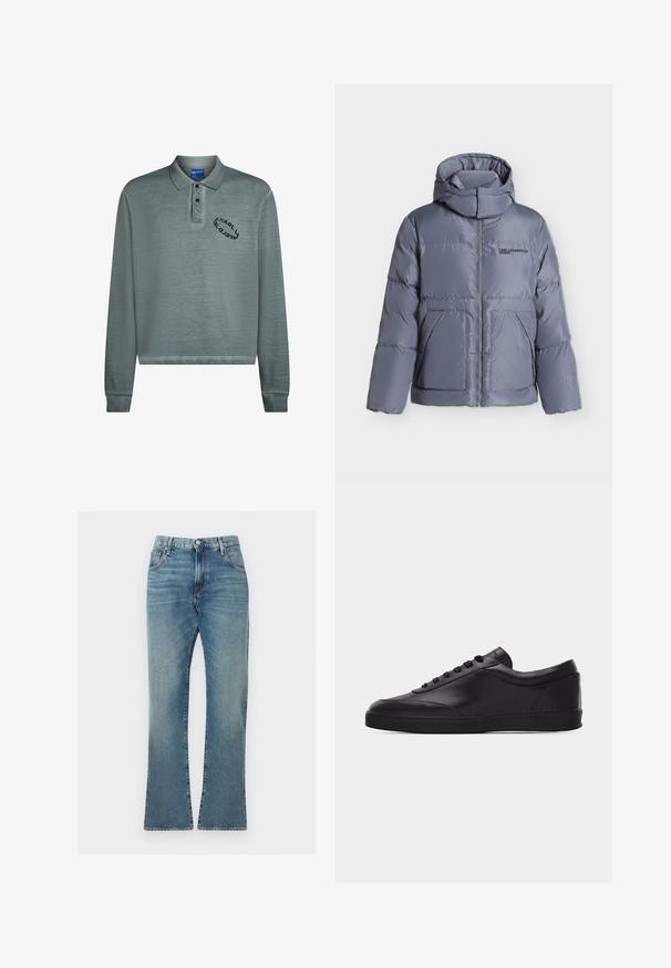 Hall polsterdatud jope kapuutsiga, eesmine tõmblukk, kaks esitamistaskut ja rinnal "KARL LAGERFELD JEANS" logo.; Pikkade varrukatega polosärk tuhmikas rohelises, millel on soonikust krae ja mansetid. Rinna kohal must tikand logo. Pehme, tekstuuriga kangas.; Sinised teksapüksid klassikalise viiepokiga disainiga, nööbi ja tõmblukuga sulgemine, sirge jala lõige ja õrn tuhmumine reitel ning põlvedel.; Mustad madala säärega nahast toss, millel on ees nöörpaelad ja lame kummitald, nähtud küljelt tühjal valgel taustal.