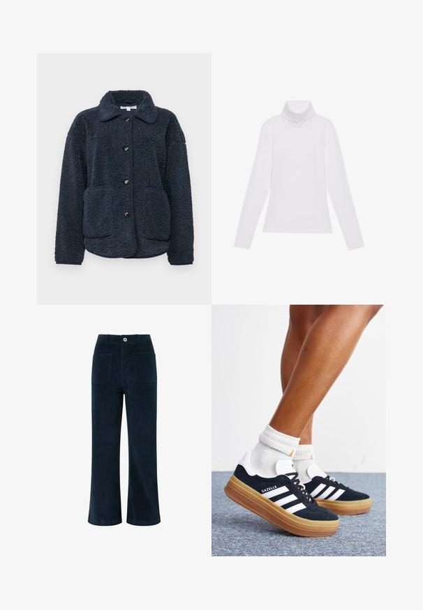 Marineblå fleecejakke med tekstureret stof, knaplukning, spidse krave og to forlommer. Designet til varme og komfort.; Hvid langærmet turtle-neck top lavet af glat, strækbart stof. Har en høj krave og tætsiddende design, uden synlige mønstre eller udsmykninger.; Mørkeblå fløjlbukser med høj talje, bred benåbning, to baglommer og knappelukning foran. Blød tekstur med en glat overflade.; Ben iført hvide sokker og sorte Adidas Gazelle sneakers med hvide striber og tykke brune såler på et gråt tæppe.