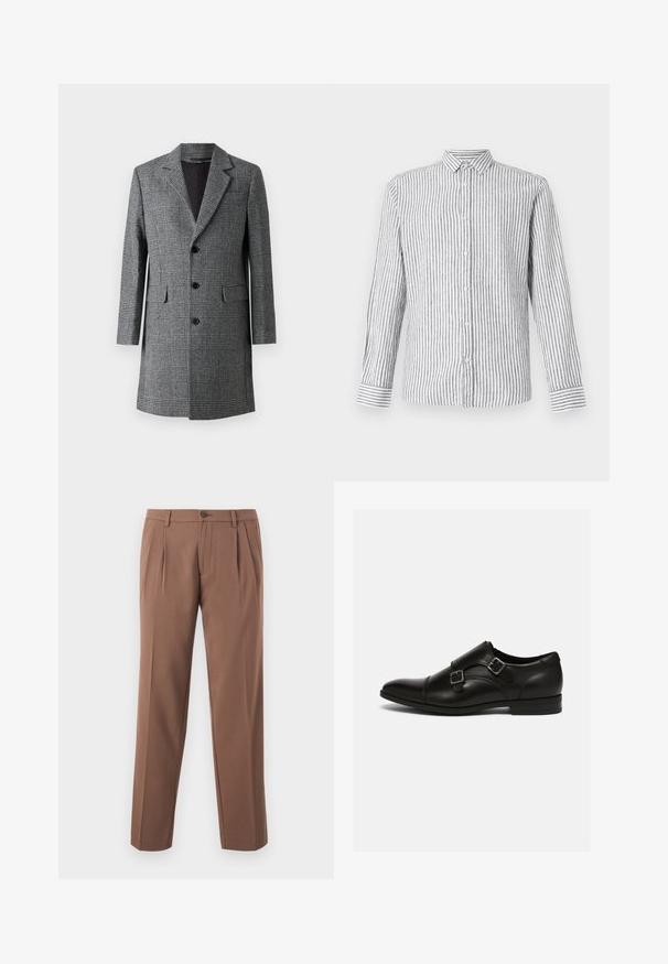 Manteau long à carreaux gris avec un col cranté, trois boutons à l'avant et des poches latérales ; il présente un tissu texturé semblable à de la laine et un intérieur lisse.; Chemise à manches longues à boutons de couleur gris clair avec des rayures verticales blanches. Dotée d'un col classique et de poignets avec un motif rayé.; Pantalons plissés marron avec une coupe droite, dotés d'une fermeture à un bouton et d'un tissu lisse et texturé.; Chaussures en cuir noir avec bout pointu, accents à double boucle et design élégant. Présente un petit talon empilé et une texture de surface lisse.