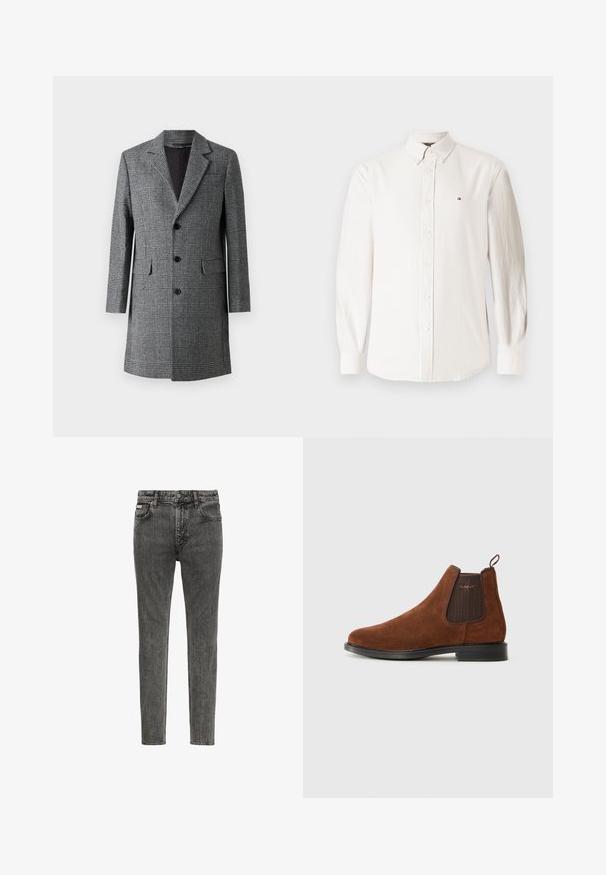 Grijze geruite lange jas met een notch lapel, drie knopen aan de voorkant en zijzakken; gemaakt van een gestructureerde wolachtige stof met een soepele binnenkant.; Lange mouwen, witte button-up shirt gemaakt van gestructureerde stof met fijne verticale strepen en een klein logo op de linkerborst.; Slim-fit vervaagde zwarte denim jeans met vijf zakken, riemlussen en knoopsluiting in de taille, van voren getoond op een witte achtergrond.; Bruine suède Chelsea-boot met een elastische zijpaneel, een lus aan de achterkant, een zwarte zool en een subtiel "GANT"-logo op het zijpaneel.