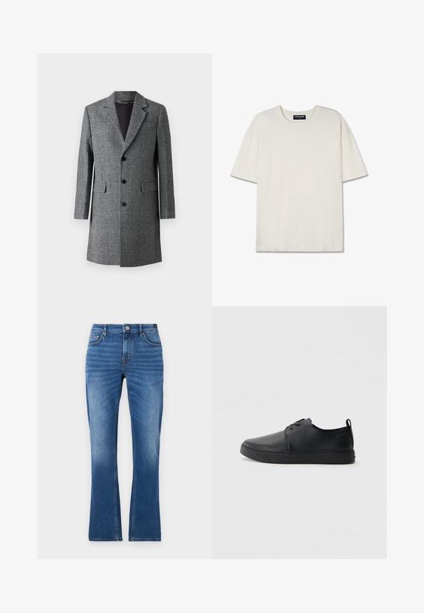 Gråternet lang frakke med notch lapel, tre frontknapper og sidelommer; har et struktureret uldlignende stof og en glat inderside.; Hvid kortærmet t-shirt lavet af blødt stof. Har en rund halsudskæring og diskret logo detalje på fronten. Glat tekstur og afslappet pasform.; Mellemblå denim flared jeans. Har fem lommer, syede detaljer, knaplukning og en let falmet tekstur på benene.; Sorte lædersneakers med en glat finish, rund tå, tonalt syning, snøring foran og en flad gummisål. Løkke ved hælen.