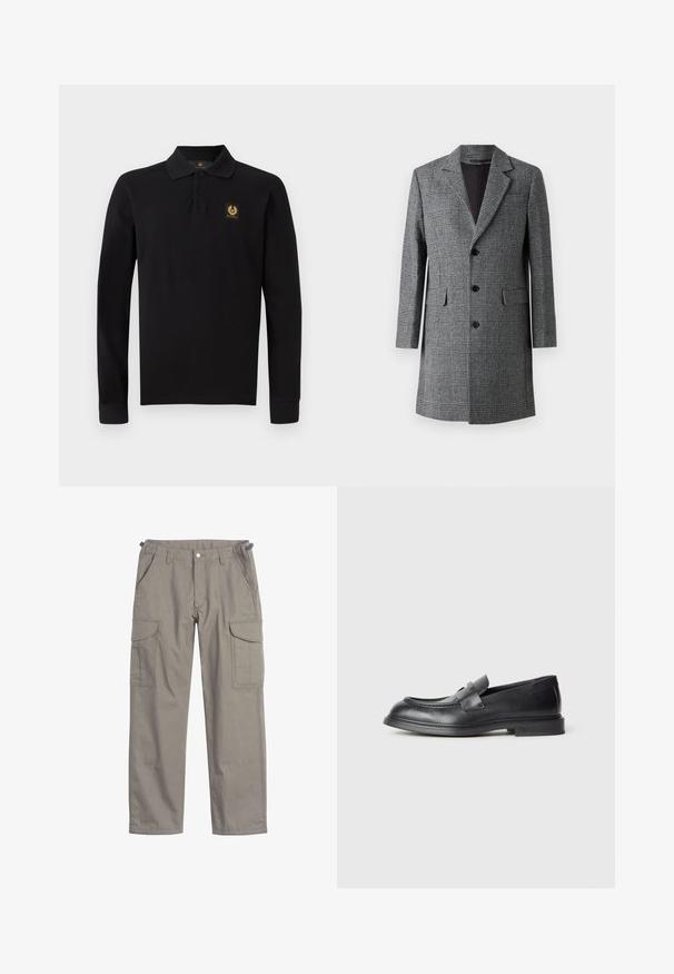 Gråternet lang frakke med notch lapel, tre frontknapper og sidelommer; har et struktureret uldlignende stof og en glat inderside.; Sort langærmet polo-shirt lavet af bomuld. Har en klassisk krave, tre-knaps placket og et gyldent emblem på venstre bryst.; Cargo bukser i lysegrå stof, med to store sidelommer, frontlommer, knappelukning og en løs pasform.; Sorte læder loafers med en struktureret finish, der har en dekorativ frontrem og en rundet tå. Gummisål for holdbarhed.