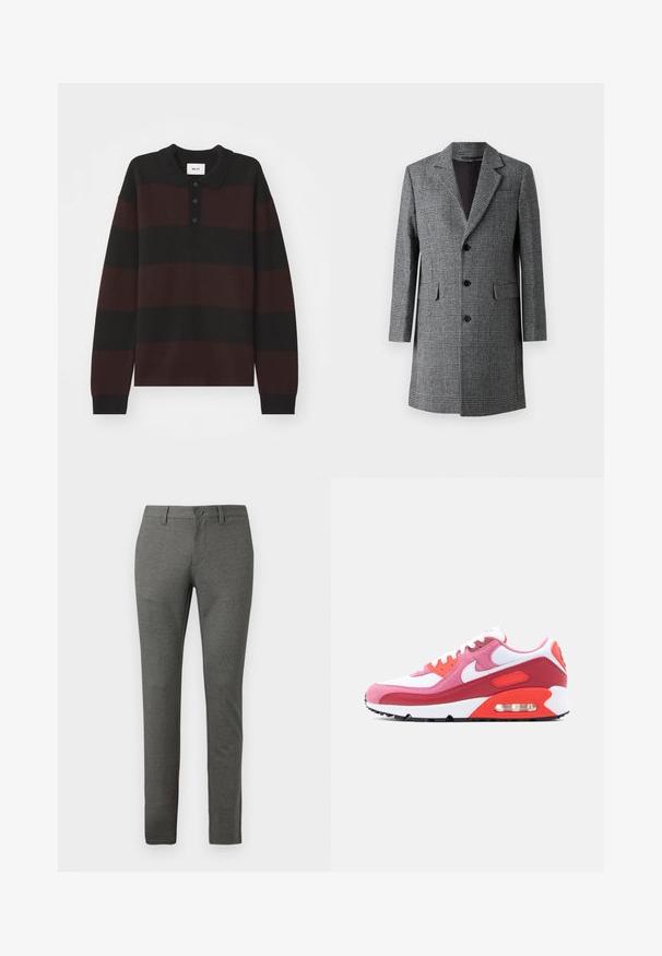 Gråternet lang frakke med notch lapel, tre frontknapper og sidelommer; har et struktureret uldlignende stof og en glat inderside.; NN.07 RUGBY - Langærmet T-shirt - black; Grå skræddersyede bukser med en struktureret overflade, slim fit design, forlommer og en enkelt knaplukning i taljen.; Herresportssko med hvidt mesh, rosa og røde ruskindsoverlejringer, hvid Nike swoosh og synlig luftpude i mellemsålen.