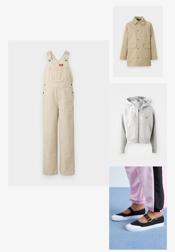 Beige jas met een zachte, suède-achtige kraag, drukknoopsluiting en twee frontzakken. Materiaal is glad met een gestructureerd, buitenontwerp.; Beige en witte denim overalls met fijne strepen, verstelbare bandjes, een borstzak aan de voorkant, knopen aan de zijkant en losse rechte pijpen.; Grijze zip-up hoodie met een voorzak, verstelbare trekkoordkap, ribgebreide manchetten en een klein logo op de borst. Gemaakt van een katoenmix.; Zwarte canvas schoenen met een witte zool, met een uitgesneden ontwerp en een gouden gespband. Draagt met roze joggingsbroek.