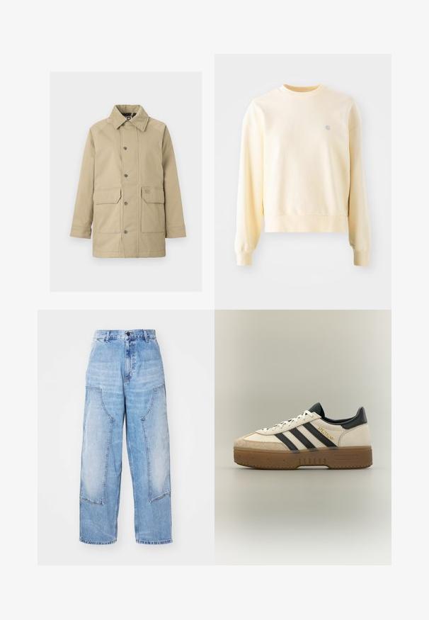 Beige jakke med en blød, suedelignende krave, trykknapper og to forlommer. Materialet er glat med et struktureret, udendørs design.; Lys gul sweatshirt med lange ærmer, rund halsudskæring, ribbede manchetter og et lille logo på brystet. Fremstillet af blødt, struktureret stof.; Lysblå denim bredbenede bukser med to store forlommer, en knaplukning og subtil falming. Syninger på lommedetaljerne.; Hvid Adidas sneaker med sorte striber, beige ruskindstå, brun sål og "SPEZIAL" i guldskrift på siden.