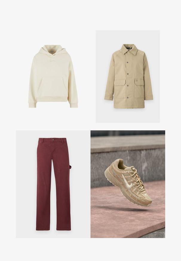 Beige jas met een zachte, suède-achtige kraag, drukknoopsluiting en twee frontzakken. Materiaal is glad met een gestructureerd, buitenontwerp.; Crème hoodie gemaakt van zachte stof. Heeft een voorzak en een subtiel geborduurd logo. Relaxte pasvorm met ribbelboorden en -zoom.; Bordeaux rechte broek van katoen, met een knoopsluiting bij de taille en een zijzak. Gladde textuur, met een klassiek ontwerp en zonder patronen.; Beige Nike-sneaker met wit swoosh-logo, een bovenwerk van mesh en leer, zwevend boven een roze betonnen oppervlak met een grijze stenen achtergrond.