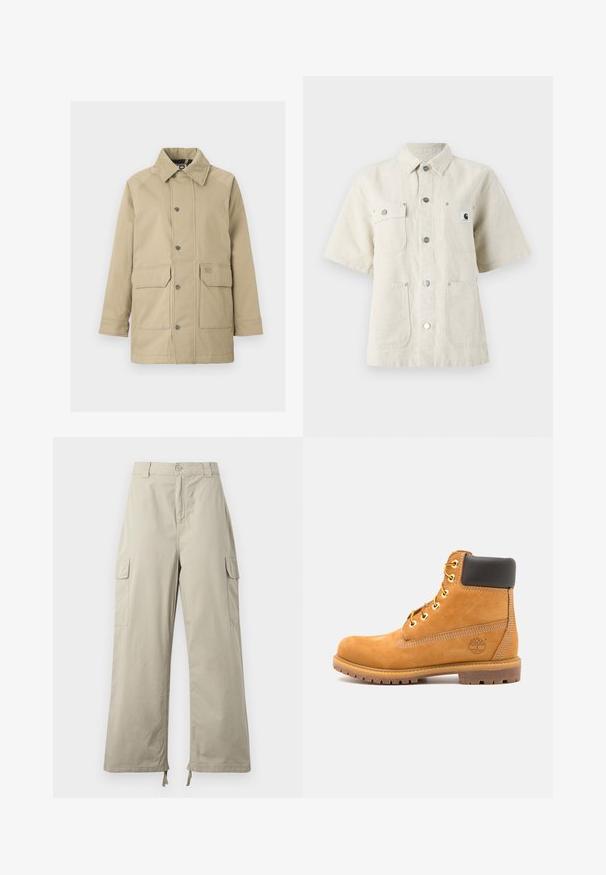 Beige jakke med en blød, suedelignende krave, trykknapper og to forlommer. Materialet er glat med et struktureret, udendørs design.; Kortærmet skjorte i lys beige stof, med spidse kraver, frontknapper, to brystlommer og et lille logomærke på venstre side.; Lys beige cargo bukser med en afslappet pasform, der har knaplukning, sidelommer og justerbar kant med snore. Glat stoftekstur.; Brune læder ankelstøvle med sort polstring, gyldne øsken og en tekstureret sål. Har et cirkulært logo på siden og synlige syninger.
