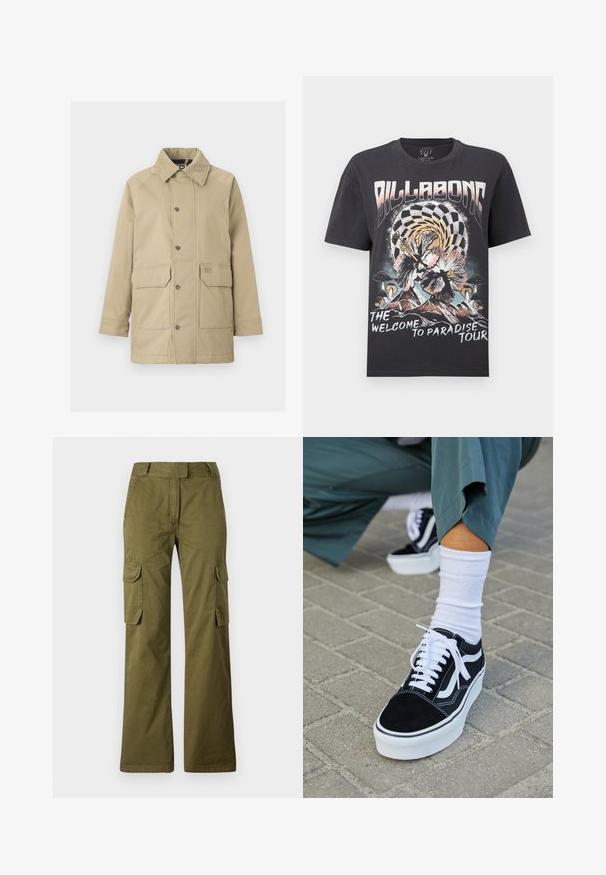Beige jakke med en blød, suedelignende krave, trykknapper og to forlommer. Materialet er glat med et struktureret, udendørs design.; Sort Billabong T-shirt med psykedelisk skakternet hvirvel, hibiscusblomster, svampe, bjerge og teksten "Welcome to Paradise Tour."; Oliven grønne cargo bukser lavet af bomuldsblanding, med lige ben design, to sidelommer og en knaplukning i taljen.; Sorte ruskinds sneakers med hvide accenter og snørebånd, der har en tyk hvid sål og kontrasterende syninger, parret med en hvid sok.
