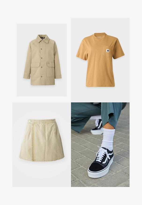 Beige Jacke mit einem weichen, wildlederähnlichen Kragen, Druckknöpfen und zwei Vorderaschen. Das Material ist glatt mit einem strukturierten, outdoor-inspirierten Design.; Schlichtes braunes kurzärmeliges T-Shirt mit einer Brusttasche, die einen quadratischen Markenlogo-Patch zeigt, dargestellt auf einem einfachen hellen Hintergrund.; Khakifarbener Minirock aus weichem Stoff, mit seitlichem Knopfverschluss, glatter Textur und leicht ausgestellter Silhouette mit einem Saum oberhalb des Knies.; Schwarze Wildledersneaker mit weißen Akzenten und Schnürsenkeln, ausgestattet mit einer dicken weißen Sohle und kontrastierenden Nähten, kombiniert mit einer weißen Socke.