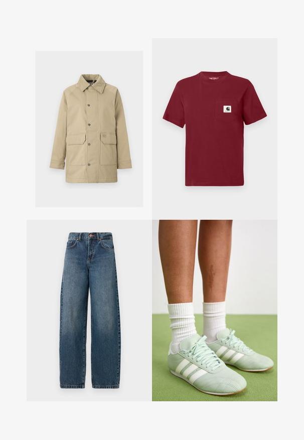 Beige jas met een zachte, suède-achtige kraag, drukknoopsluiting en twee frontzakken. Materiaal is glad met een gestructureerd, buitenontwerp.; Rode kortelijf T-shirt van katoen, met een linkerkant borstzak en een witte logo patch. Ronde halslijn, casual pasvorm.; Denim wijde jeans in licht tot medium blauw met een vervaagde uitstraling, voorzien van vijf zakken en een stevige tailleband met een knoopsluiting.; Mintgroene sportschoenen met witte strepen, gladde leren textuur, ronde teen en rubberen zool, gecombineerd met witte geribde sokken.