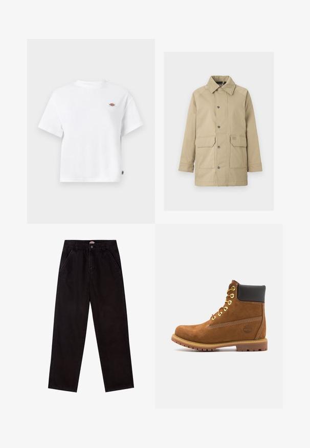 Beige jakke med en blød, suedelignende krave, trykknapper og to forlommer. Materialet er glat med et struktureret, udendørs design.; Hvid bomulds t-shirt med en afslappet pasform, der har et lille logo-patch på brystet og et mærke på siden for ekstra detaljer.; Sorte denim straight-leg bukser med et klassisk fem-lomme design, der har en knaplukning og fine syninger.; Brun ruskinds ankelstøvle med sort polstret krave, gyldne øjer, snørebånd foran og gummisål med et struktureret mønster.