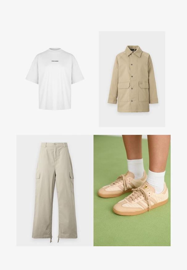 Beige Jacke mit einem weichen, wildlederähnlichen Kragen, Druckknöpfen und zwei Vorderaschen. Das Material ist glatt mit einem strukturierten, outdoor-inspirierten Design.; Weißes Baumwoll-T-Shirt mit hohem Rundhalsausschnitt und kurzen Ärmeln. Auf der Brust ist "PEGADOR" in Schwarz mittig gedruckt.; Helle beige Cargo-Hosen mit lockerer Passform, ausgestattet mit einem Knopfverschluss, seitlichen Taschen und verstellbarem Saum mit Bändern. Glatte Stoffoberfläche.; Füße in beigen, gewebten Adidas-Sneakern mit Gummisohlen und weißen Knöchelsocken auf grüner texturierter Fläche.