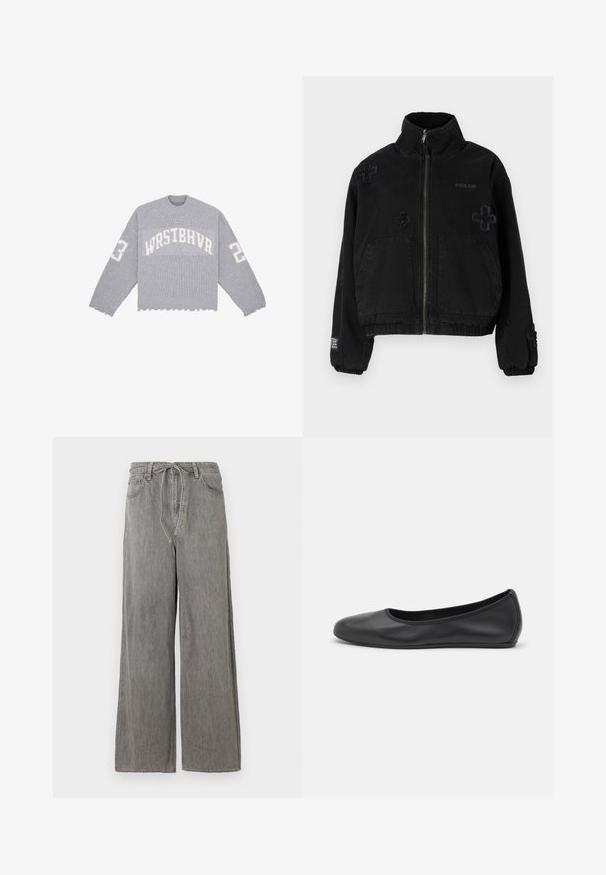 Veste noire en coton avec une fermeture éclair à l'avant, dotée de deux poches avant, d'un logo en relief et de motifs en croix texturés sur le tissu.; Sweater gris court avec texture côtelée, arborant le texte "WRSTBHVR" et les chiffres "2" et "3" en blanc sur les manches et la poitrine. Ourlet effiloché.; Pantalons en denim gris à jambe large avec une taille haute, dotés d'un cordon de serrage, de deux poches avant et d'un subtil détail de couture.; Ballerines en cuir noir avec un bout rond, texture lisse, détails de couture minimalistes et design de semelle flexible.