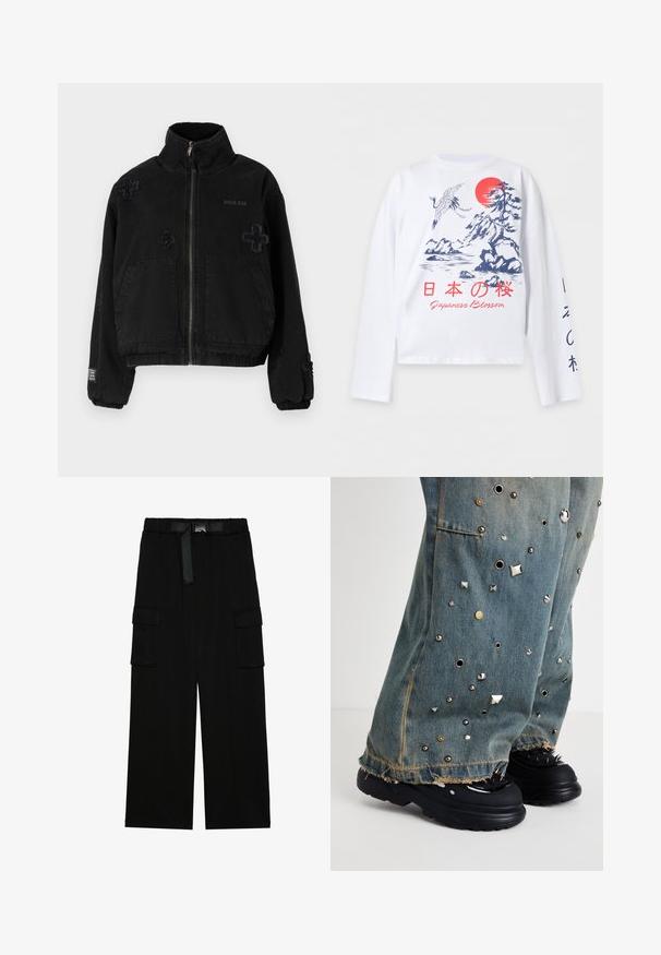 Chaqueta negra de algodón con cierre de cremallera en la parte delantera, que cuenta con dos bolsillos frontales, logotipo embossado y diseños cruzados texturizados en la tela.; Camisa blanca de manga larga con paisaje japonés en azul, sol rojo, grulla y texto rojo "Japanese Blossom" en inglés y caracteres japoneses.; Pantalones cargo negros con un diseño de pierna ancha, cinturilla elástica con un cinturón y dos grandes bolsillos laterales para almacenamiento.; Pantalones de mezclilla acampanados con tachuelas metálicas y ojales. Dobladillo deshilachado y bolsillos visibles. Llevados con zapatos negros de suela gruesa que presentan picos.