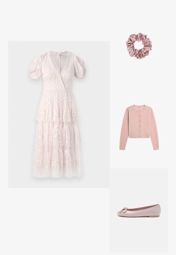 Lichtroze, langärmelig, cropped vestje met ronde halslijn en zes knopen aan de voorkant, plat liggend op een witte achtergrond weergegeven.; Roze, gelaagde jurk met puffmouwen, V-hals en complexe bloemenborduursels. Gemaakt van een textuurrijke, lichte stof. Ritssluiting aan de achterkant.; Lichtroze lakleren ballerina met afgeronde neus, gedraaide koordstrik aan de voorkant en lage beige zool op een witte achtergrond.; Roze satijnen scrunchie met kleine decoratieve kralen en een klein stoffen label op een witte achtergrond.