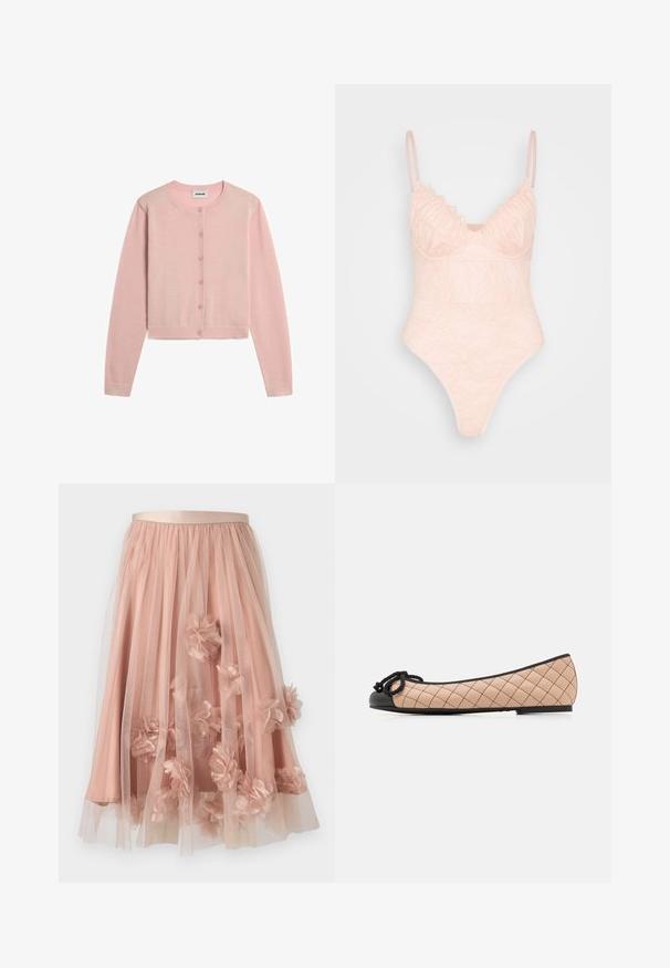 Hellrosa, langärmeliges, kurzes Strickjacke mit rundem Ausschnitt und sechs Knöpfen vorne, flach auf weißem Hintergrund präsentiert.; IN THE STYLE LINGERIE BODYSUIT - Top - rosé; Tüllrock in sanftem Rosa mit einem Satinbund. Verfügt über mehrlagigen, transparenten Stoff und dreidimensionale Blumenapplikationen über die gesamte Fläche.; Ballerinas aus hellbeigem, ge quiltetem Leder mit schwarzer Lackspitze und Schleifendetail. Schlanker Schnitt mit mattem Finish und dezentem Nähten.