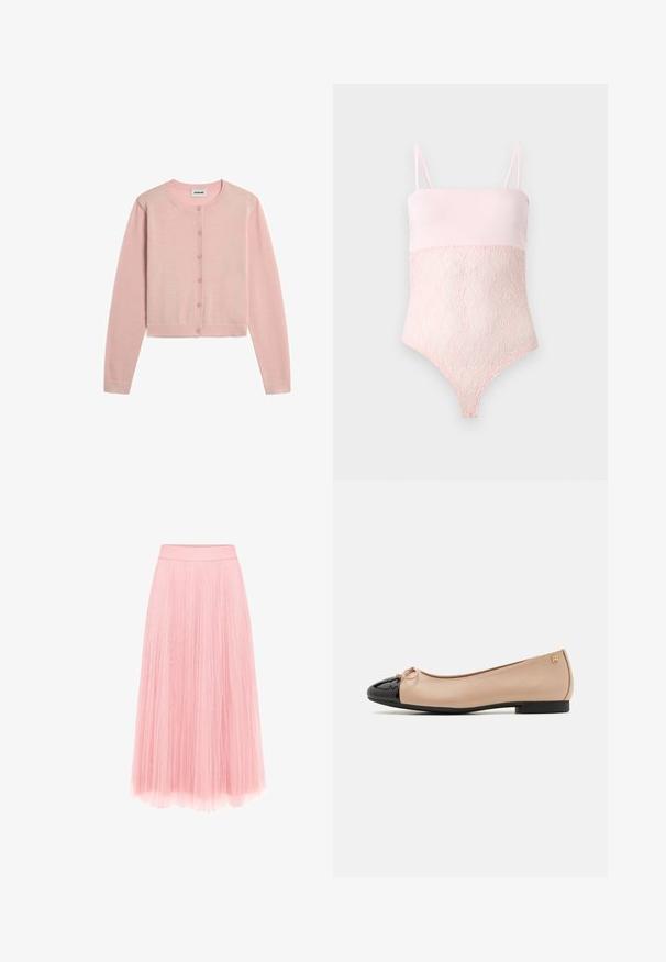 Lichtroze, langärmelig, cropped vestje met ronde halslijn en zes knopen aan de voorkant, plat liggend op een witte achtergrond weergegeven.; Lichtroze kanten body met spaghettibandjes en een gladde bovenkant tegen een effen lichte achtergrond.; zero MIT PLIESSENDEM BECHER - Plooirok - bridal rose; Ballet flats met een beige satijnen bovenkant, zwarte lakleren neuskap, kleine strikdetail aan de voorkant en een lage zwarte hak.