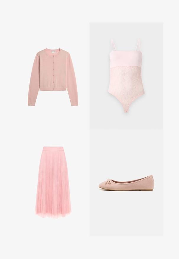 Lichtroze, langärmelig, cropped vestje met ronde halslijn en zes knopen aan de voorkant, plat liggend op een witte achtergrond weergegeven.; Lichtroze kanten body met spaghettibandjes en een gladde bovenkant tegen een effen lichte achtergrond.; zero MIT PLIESSENDEM BECHER - Plooirok - bridal rose; Ballet flats van zacht rozenhuid-suède met een ronde neus en een klein strikdetail aan de voorkant, met een lage platte zool.
