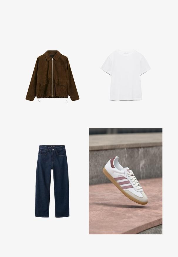 Brun ruskindjakke med frontlynlås, spids krave, klaplommer, lange ærmer og justerbar snørelukning i taljen mod hvid baggrund.; Hvid, kortærmet T-shirt med rund hals og lige kant, vist på en hvid baggrund.; Mørkeblå denim jeans med et lige ben-design, der har en klassisk fem-pockets stil, synlig syning og en knaplukning i taljen.; Hvid og pink Adidas Samba sneaker med gummisål, der svæver over en stenoverflade med en sløret stenvæg i baggrunden.