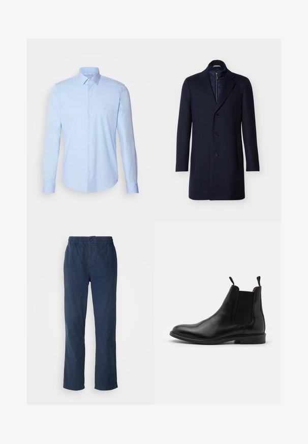 Abrigo largo de lana azul marino con cuello alto, cierre de botones de un solo pecho, dos bolsillos laterales y forro interior acolchado.; Camisa de botones azul claro hecha de algodón, con un cuello clásico, mangas largas y un pequeño logotipo en el pecho. Textura suave.; Pantalones azul marino con cinturilla elástica y cierre de botón, diseño de pierna recta, confeccionados en tejido ligero y suave, sin patrones visibles.; Botín Chelsea de piel negra con paneles laterales elásticos, puntera redondeada, tiradores y tacón bajo apilado. Textura suave y diseño clásico.