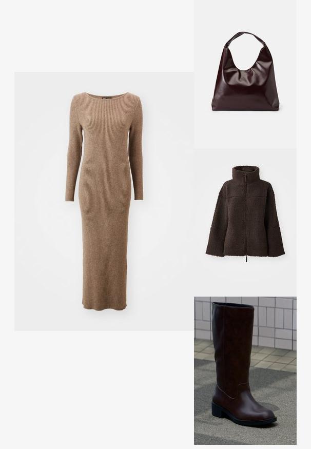 Chaqueta de forro polar de color marrón oscuro con cremallera, cuello alto y mangas anchas, hecha de un suave tejido de sherpa texturizado.; Vestido de manga larga de canalé en un cálido color marrón, con un escote redondo y un diseño ajustado que llega hasta los tobillos.; Bota de cuero marrón oscuro hasta la mitad de la pierna con puntera redondeada y tacón bajo de bloque, sobre el pavimento cerca de una pared con azulejos.; Bolso tote vegan de cuero brillante en burdeos, con una forma suave y escultórica y un asa ancha y curvada para facilitar el transporte.