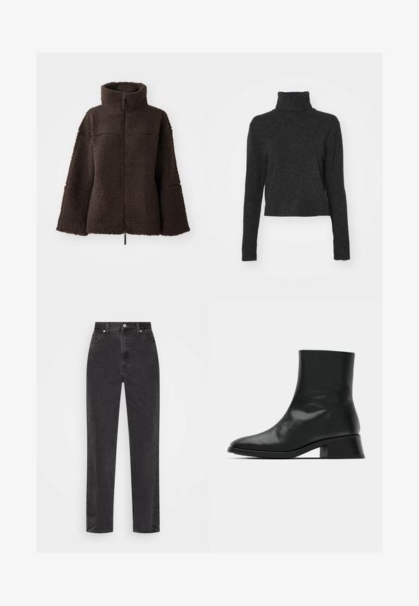 Veste polaire zippée marron foncé avec col montant et manches larges, fabriquée en tissu sherpa texturé et doux.; Pull ras du cou noir à manches longues, en tissu doux et texturé, avec des accents côtelés au col et à l'ourlet.; Jeans en denim noir à jambe droite avec taille haute, bouton et fermeture éclair à l'avant, et style cinq poches sur fond blanc.; Bottine noire en cuir brillant, au design épuré, avec un bout pointu et un petit talon bloc pour plus de stabilité.