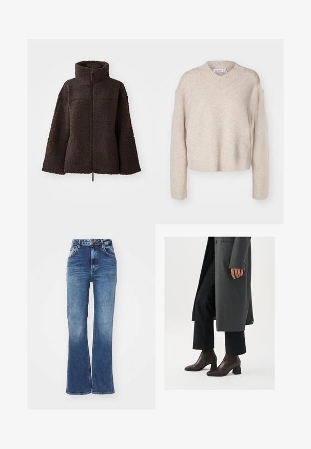 Chaqueta de forro polar de color marrón oscuro con cremallera, cuello alto y mangas anchas, hecha de un suave tejido de sherpa texturizado.; Weekday REESE V NECK - Jersey de punto - light mole; Vaqueros de tiro alto con campana en una mezclilla azul medio. Diseño de cinco bolsillos con cierre de botón frontal. Presenta un lavado desgastado y costuras en contraste.; Botines de tacón alto en piel marrón oscuro con puntera afilada y tacón cuadrado, combinados con pantalones negros y un abrigo gris.