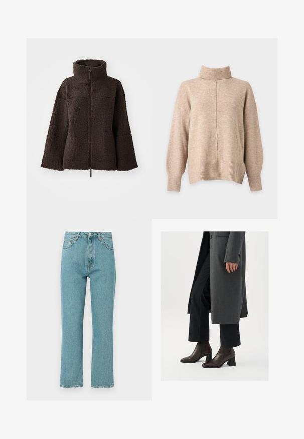 Mørkebrunt lynlås fleecejakke med høj krave og brede ærmer, lavet af tekstureret, blødt sherpa-stof.; Beige strikket rullekravesweater med lange ærmer, ribkantede ærmer, kant og en central lodret søm foran.; Lyseblå, høj talje jeans med lige ben-design. Lavet af denim, featuring forlommer og knaplukning.; Højhælede ankelstøvler i mørkebrunt læder med spids tå og blokhæl, parret med sorte bukser og en grå frakke.