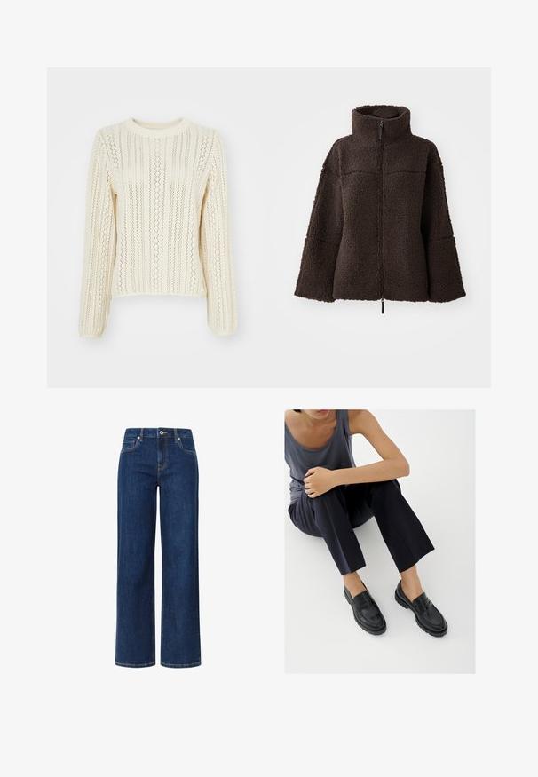 Veste polaire zippée marron foncé avec col montant et manches larges, fabriquée en tissu sherpa texturé et doux.; Pull en tricot de couleur crème avec un motif texturé de rayures verticales et un design ajouré ; il possède des manches longues et un col rond.; Jean large en denim bleu foncé avec une texture lisse, présentant une fermeture à bouton et fermeture éclair, cinq poches et des coutures contrastées.; Mocassins en cuir noir avec accents texturés, talon bas, bout arrondi, et coutures visibles. Modèle portant un pantalon sombre et un haut gris.