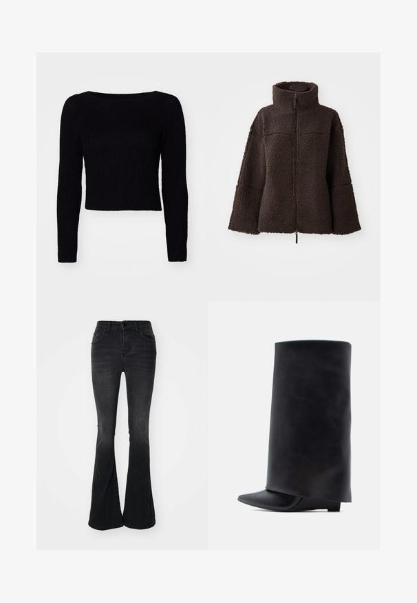Veste polaire zippée marron foncé avec col montant et manches larges, fabriquée en tissu sherpa texturé et doux.; Pull en tricot noir à manches longues avec une texture côtelée et une encolure large ; longueur cropped avec des détails de couture subtils sur les manches.; Jean noir évasé en denim, avec une taille haute, poches frontales, fermeture à bouton et finitions nettes à l'ourlet.; Bottines en cuir noir avec une tige haute cylindrique, un bout pointu et un talon plat bas, présentant une texture lisse et un design minimaliste.