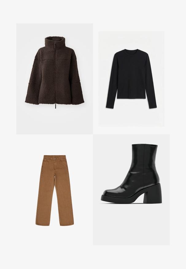 Chaqueta de forro polar de color marrón oscuro con cremallera, cuello alto y mangas anchas, hecha de un suave tejido de sherpa texturizado.; Camiseta negra de manga larga con cuello redondo y diseño ajustado y sencillo, mostrada sobre fondo blanco.; Pantalones de mezclilla marrones de pierna ancha con una cintura alta, cinco bolsillos y cierre de botón metálico. La textura de la tela parece suave con un acabado mate.; Botas de tobillo negras con un acabado brillante, punta cuadrada y un tacón grueso en bloque. El diseño presenta una silueta sin costuras y un minimalismo en la marca.
