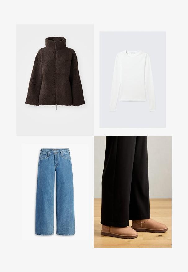 Mørkebrunt lynlås fleecejakke med høj krave og brede ærmer, lavet af tekstureret, blødt sherpa-stof.; Langærmet, enkel hvid T-shirt med rund halsudskæring og tætsiddende pasform, vist mod en lysegrå baggrund.; Lysblå bredbenede jeans lavet af denim, med høj talje, fem lommer og en klassisk knaplukning. Lige snit fra lår til kant.; Brune ruskinds ankelstøvler med flad gummisål, rund tå og minimal syning, båret med sorte brede bukser på et trægulv.