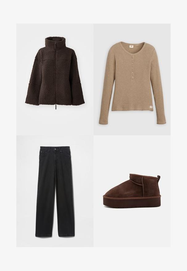 Mørkebrunt lynlås fleecejakke med høj krave og brede ærmer, lavet af tekstureret, blødt sherpa-stof.; Beige henley-shirt i vaffelstrik med lange ærmer, rund halsudskæring og fem-knaps lukning, vist fladt mod hvid baggrund.; Sorte denimjeans med lige ben, knap- og lynlåslukning, lommer foran og bagpå samt en glat tekstur.; Brune ruskind ankelstøvle med en rund tå, blød tekstur og en tyk platformsål. Har en diskret sømdetalje og en pull-tab bagpå.