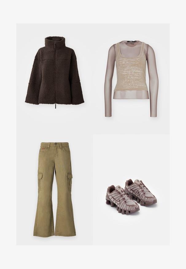 Chaqueta de forro polar de color marrón oscuro con cremallera, cuello alto y mangas anchas, hecha de un suave tejido de sherpa texturizado.; Top sin mangas beige combinado con mangas largas de malla; cuenta con una impresión en blanco en la parte delantera, escote redondo y una silueta ajustada.; Pantalones cargo en verde oliva, fabricados en algodón. Incluyen piernas acampanadas, múltiples bolsillos laterales y un cierre de botón en la cintura.; Nike Sportswear SHOX TL - Zapatillas - pumice/night maroon/plum eclipse