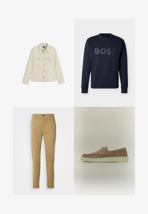 Beige langärmliges Hemd zum Knöpfen mit Kragen, zwei Brusttaschen mit Knopfklappen und einem kleinen blauen Markenlabel auf der linken Tasche.; Marineblauer langärmeliger Sweatshirt mit gerippten Bündchen und Saum, versehen mit erhabenen "BOSS"-Buchstaben auf der Brust.; Khakihosen aus Baumwolle. Slim-Fit-Design mit glatter Textur, Fronttaschen und einem einzigen Knopfverschluss an der Taille.; Brauner Wildleder-Slipper mit abgerundetem Zehenbereich, kontrastierender weißer Gummisohle und minimalistischem Design mit zwei dekorativen Ösen.
