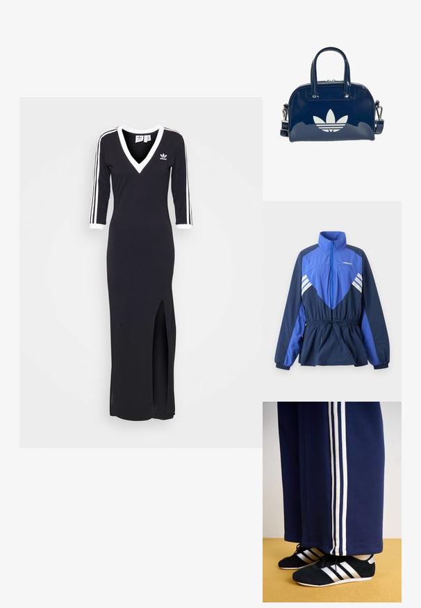 Blaues und marineblaues Adidas Windbreaker-Jacke mit hohem Kragen, Frontreißverschluss, elastischem Bund mit Kordelzug und weißen Streifen auf Brust und Ärmeln.; Schwarzes Langarmkleid mit V-Ausschnitt, weißen Streifen entlang der Ärmel und einem seitlichen Schlitz. Aus weichem Stoff gefertigt, mit einem kleinen Logo auf der Brust.; Marineblaue Sweatpants mit drei weißen vertikalen Streifen und schwarzen Sportschuhen mit silbernen Streifen und strukturierten Oberflächen. Gelber Boden.; Glänzende, dunkelblaue Handtasche mit zwei Griffen und verstellbarem Riemen, vorne mit einem großen weißen Adidas-Trefoil-Logo.